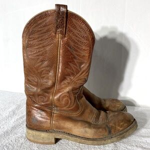 Vintage Brown Leather Round Toe Western Cowboy Boots 8 Rodeo Stampede Rancher